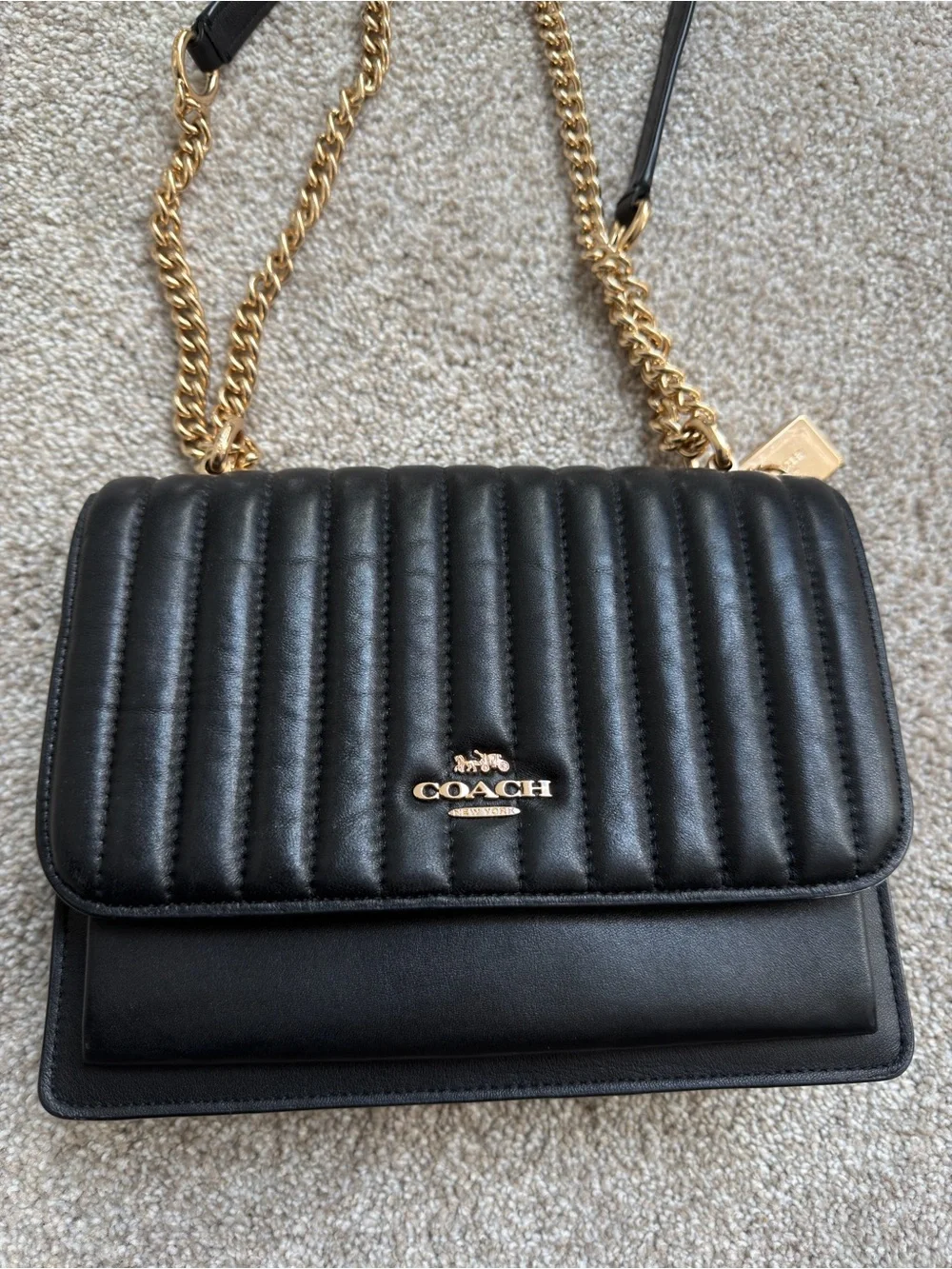 Coach Quilted Leather Shoulder Bag in Black with Gold Chain